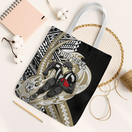 Personalized Collingwood Magpies Tote Bag Polynesian Tribal Magpie Mascot With Hibiscus Floral Art