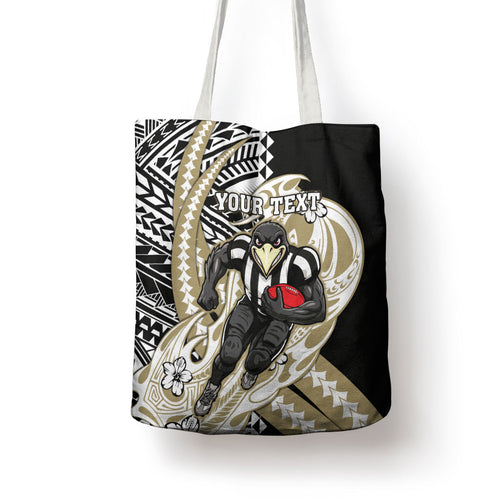 Personalized Collingwood Magpies Tote Bag Polynesian Tribal Magpie Mascot With Hibiscus Floral Art