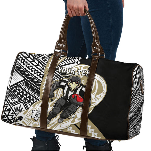 Personalized Collingwood Magpies Travel Bag Polynesian Tribal Magpie Mascot With Hibiscus Floral Art