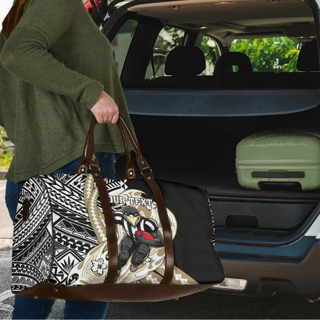 Personalized Collingwood Magpies Travel Bag Polynesian Tribal Magpie Mascot With Hibiscus Floral Art