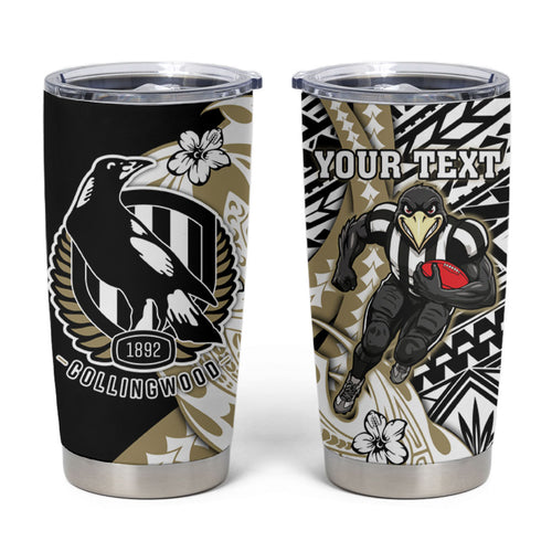 Personalized Collingwood Magpies Tumbler Cup Polynesian Tribal Magpie Mascot With Hibiscus Floral Art