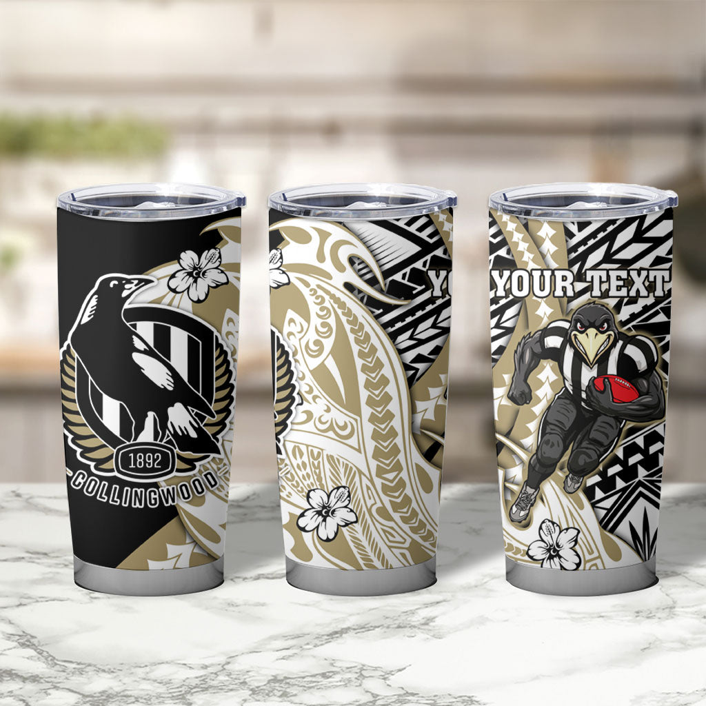 Personalized Collingwood Magpies Tumbler Cup Polynesian Tribal Magpie Mascot With Hibiscus Floral Art