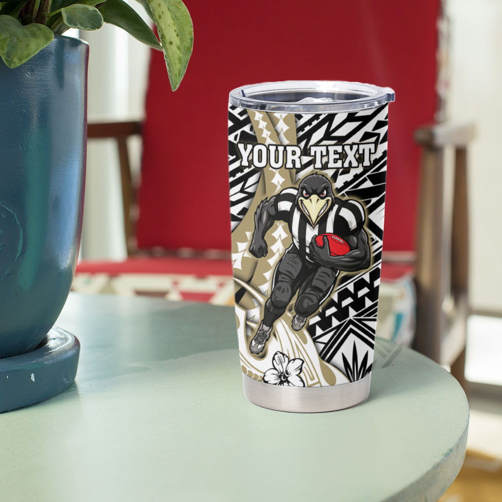 Personalized Collingwood Magpies Tumbler Cup Polynesian Tribal Magpie Mascot With Hibiscus Floral Art