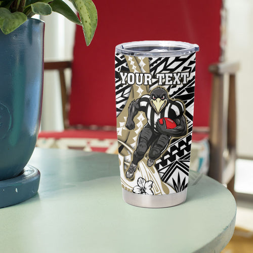 Personalized Collingwood Magpies Tumbler Cup Polynesian Tribal Magpie Mascot With Hibiscus Floral Art