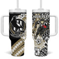 Personalized Collingwood Magpies Tumbler With Handle Polynesian Tribal Magpie Mascot With Hibiscus Floral Art