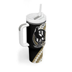 Personalized Collingwood Magpies Tumbler With Handle Polynesian Tribal Magpie Mascot With Hibiscus Floral Art