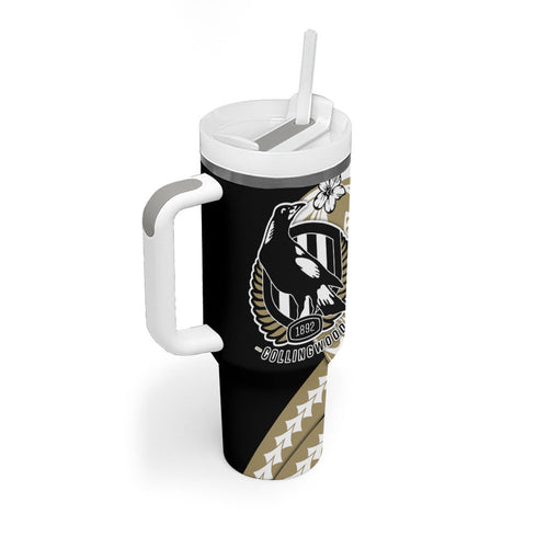 Personalized Collingwood Magpies Tumbler With Handle Polynesian Tribal Magpie Mascot With Hibiscus Floral Art
