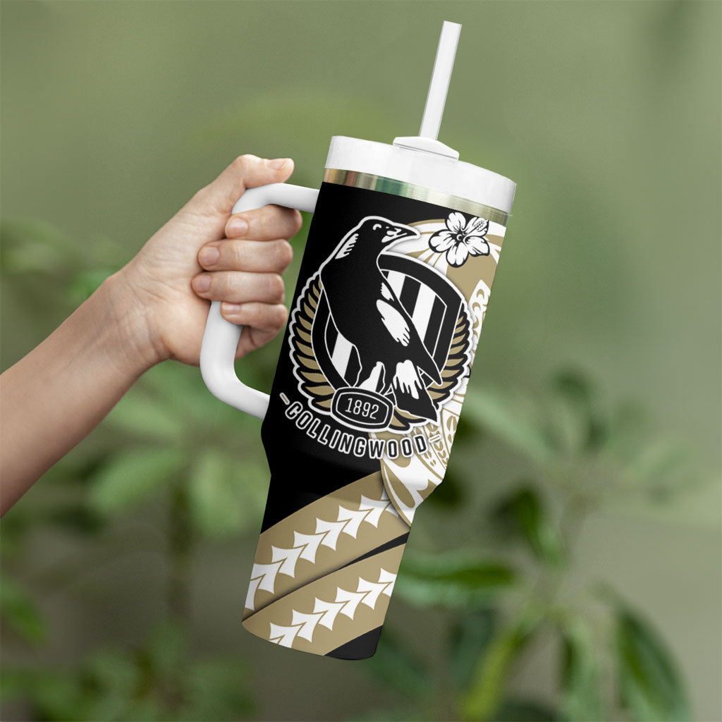 Personalized Collingwood Magpies Tumbler With Handle Polynesian Tribal Magpie Mascot With Hibiscus Floral Art