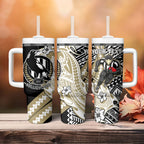 Personalized Collingwood Magpies Tumbler With Handle Polynesian Tribal Magpie Mascot With Hibiscus Floral Art
