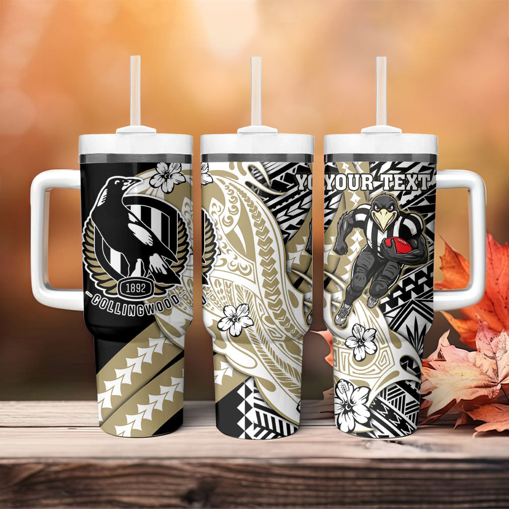 Personalized Collingwood Magpies Tumbler With Handle Polynesian Tribal Magpie Mascot With Hibiscus Floral Art