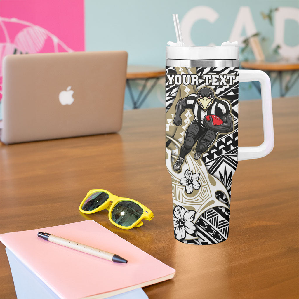 Personalized Collingwood Magpies Tumbler With Handle Polynesian Tribal Magpie Mascot With Hibiscus Floral Art