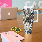 Personalized Collingwood Magpies Tumbler With Handle Polynesian Tribal Magpie Mascot With Hibiscus Floral Art