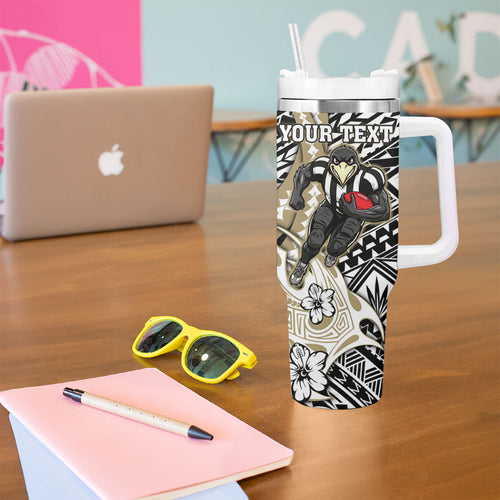 Personalized Collingwood Magpies Tumbler With Handle Polynesian Tribal Magpie Mascot With Hibiscus Floral Art