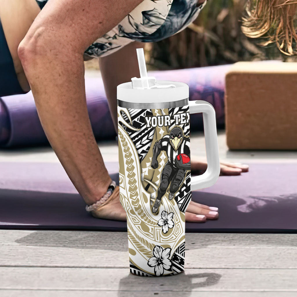 Personalized Collingwood Magpies Tumbler With Handle Polynesian Tribal Magpie Mascot With Hibiscus Floral Art