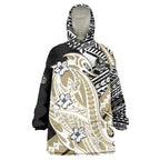 Personalized Collingwood Magpies Wearable Blanket Hoodie Polynesian Tribal Magpie Mascot With Hibiscus Floral Art
