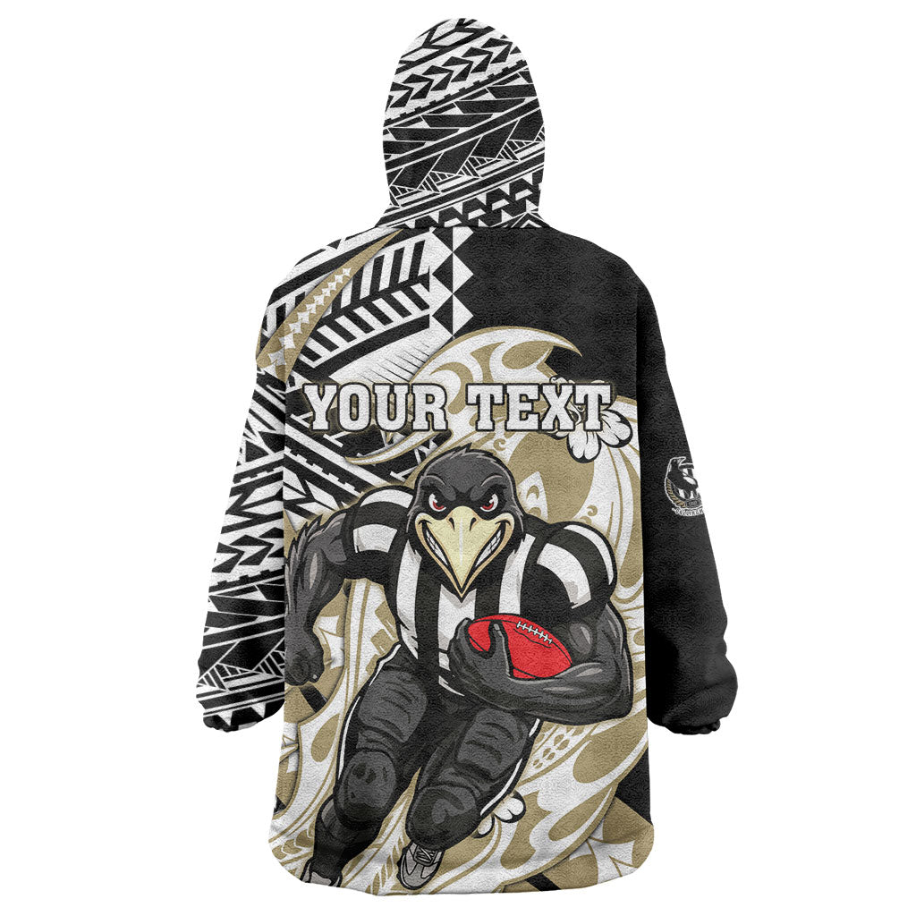 Personalized Collingwood Magpies Wearable Blanket Hoodie Polynesian Tribal Magpie Mascot With Hibiscus Floral Art