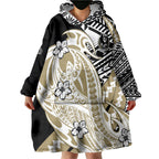 Personalized Collingwood Magpies Wearable Blanket Hoodie Polynesian Tribal Magpie Mascot With Hibiscus Floral Art