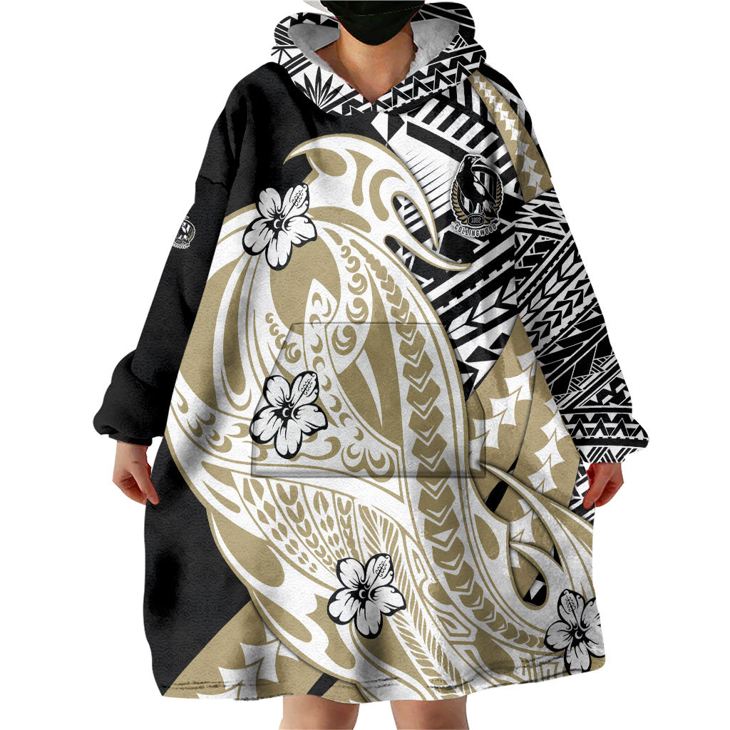 Personalized Collingwood Magpies Wearable Blanket Hoodie Polynesian Tribal Magpie Mascot With Hibiscus Floral Art