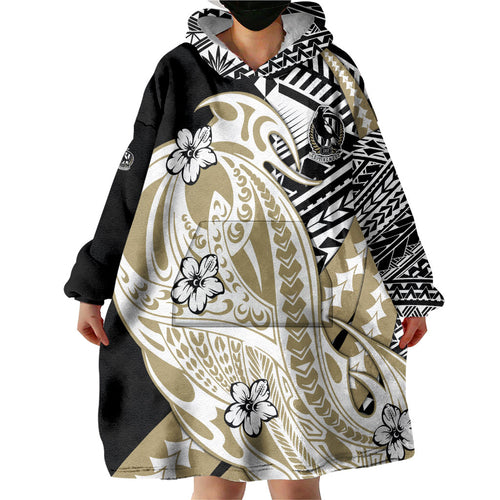Personalized Collingwood Magpies Wearable Blanket Hoodie Polynesian Tribal Magpie Mascot With Hibiscus Floral Art