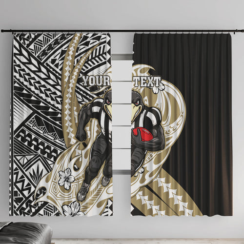 Personalized Collingwood Magpies Window Curtain Polynesian Tribal Magpie Mascot With Hibiscus Floral Art