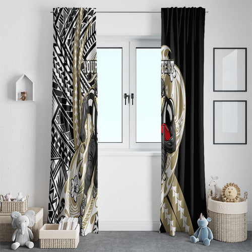 Personalized Collingwood Magpies Window Curtain Polynesian Tribal Magpie Mascot With Hibiscus Floral Art