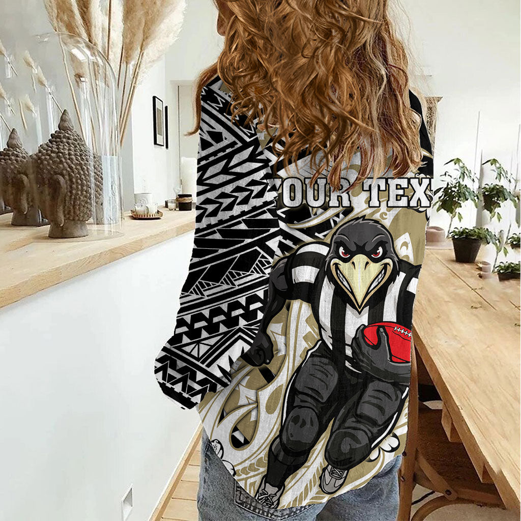 Personalized Collingwood Magpies Women Casual Shirt Polynesian Tribal Magpie Mascot With Hibiscus Floral Art