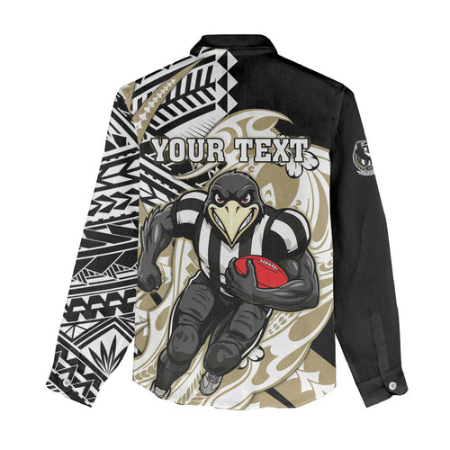 Personalized Collingwood Magpies Women Casual Shirt Polynesian Tribal Magpie Mascot With Hibiscus Floral Art