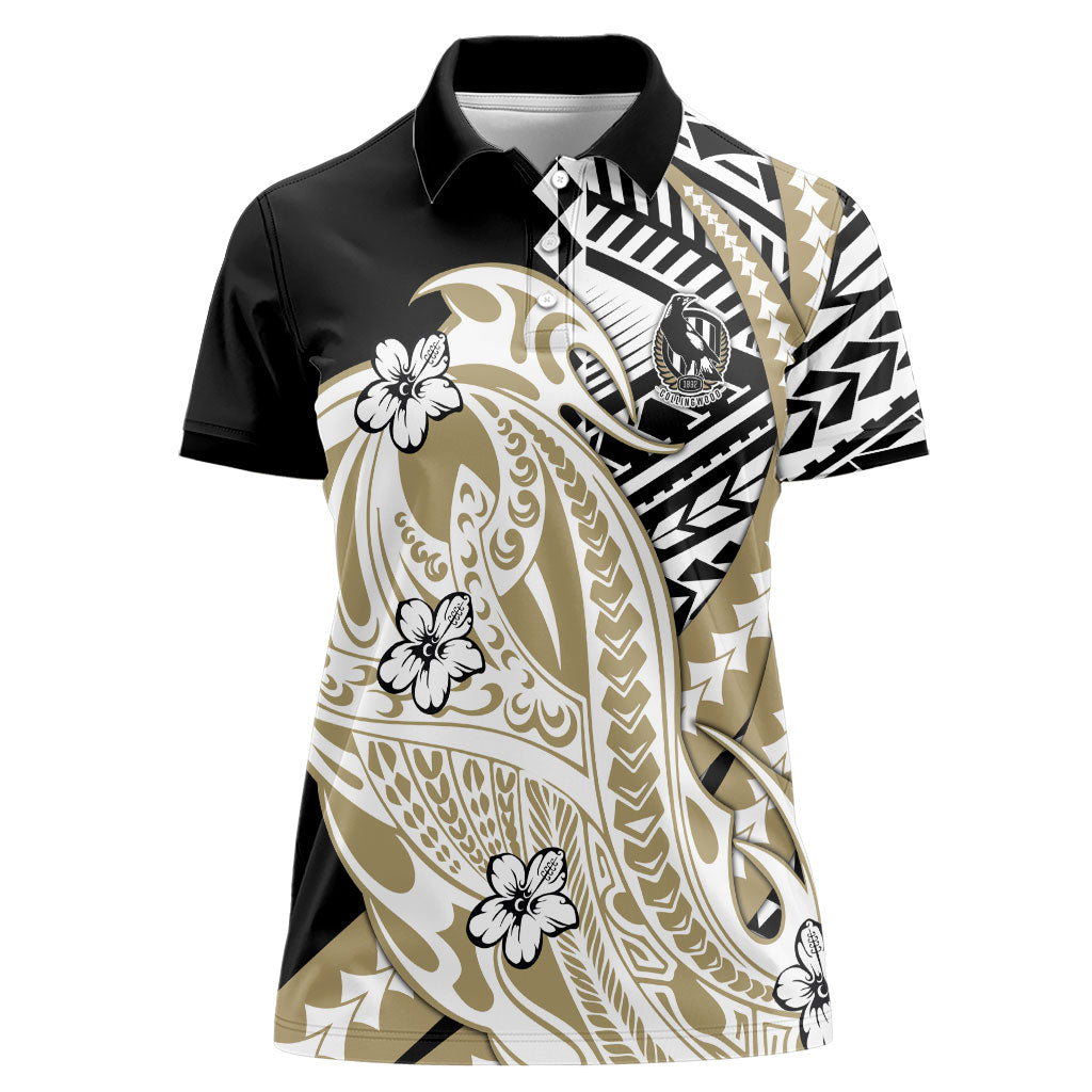 Personalized Collingwood Magpies Women Polo Shirt Polynesian Tribal Magpie Mascot With Hibiscus Floral Art