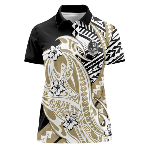 Personalized Collingwood Magpies Women Polo Shirt Polynesian Tribal Magpie Mascot With Hibiscus Floral Art