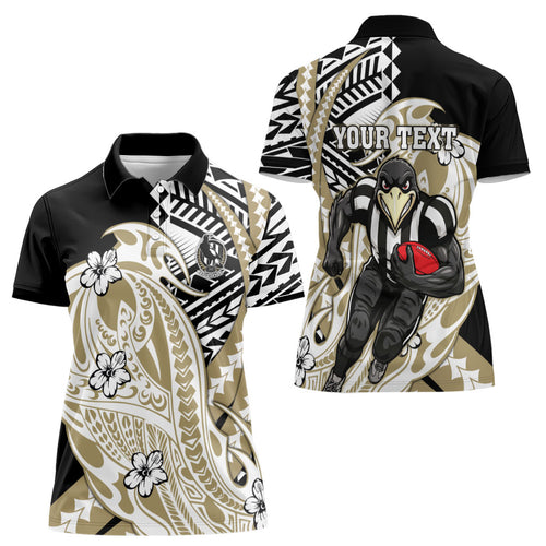 Personalized Collingwood Magpies Women Polo Shirt Polynesian Tribal Magpie Mascot With Hibiscus Floral Art