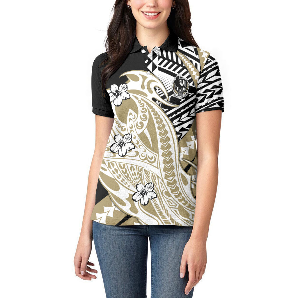 Personalized Collingwood Magpies Women Polo Shirt Polynesian Tribal Magpie Mascot With Hibiscus Floral Art