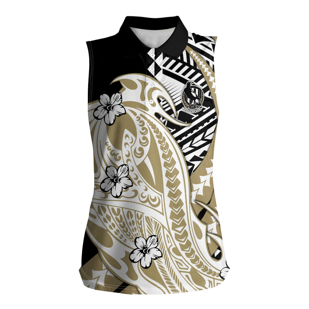 Personalized Collingwood Magpies Women Sleeveless Polo Shirt Polynesian Tribal Magpie Mascot With Hibiscus Floral Art
