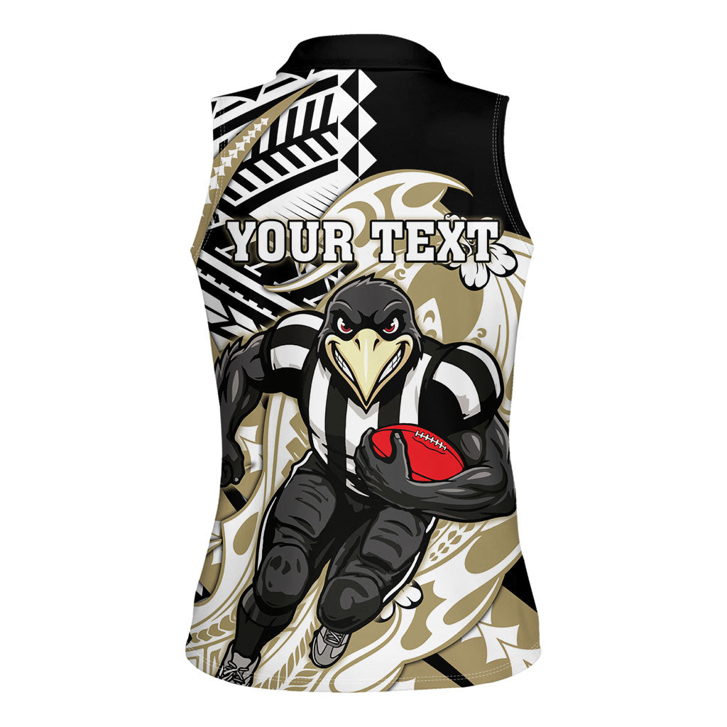 Personalized Collingwood Magpies Women Sleeveless Polo Shirt Polynesian Tribal Magpie Mascot With Hibiscus Floral Art
