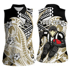 Personalized Collingwood Magpies Women Sleeveless Polo Shirt Polynesian Tribal Magpie Mascot With Hibiscus Floral Art