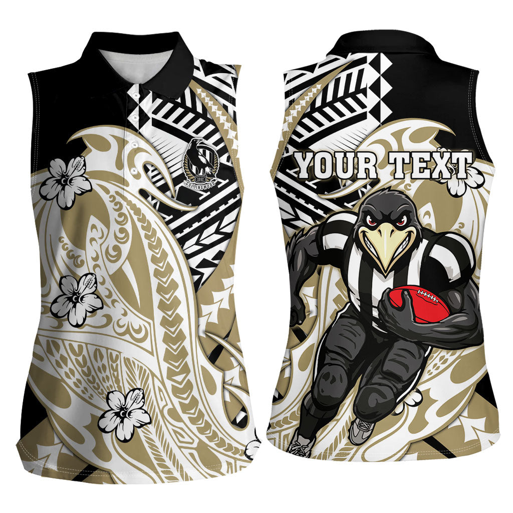 Personalized Collingwood Magpies Women Sleeveless Polo Shirt Polynesian Tribal Magpie Mascot With Hibiscus Floral Art