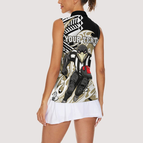 Personalized Collingwood Magpies Women Sleeveless Polo Shirt Polynesian Tribal Magpie Mascot With Hibiscus Floral Art