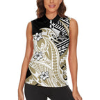 Personalized Collingwood Magpies Women Sleeveless Polo Shirt Polynesian Tribal Magpie Mascot With Hibiscus Floral Art