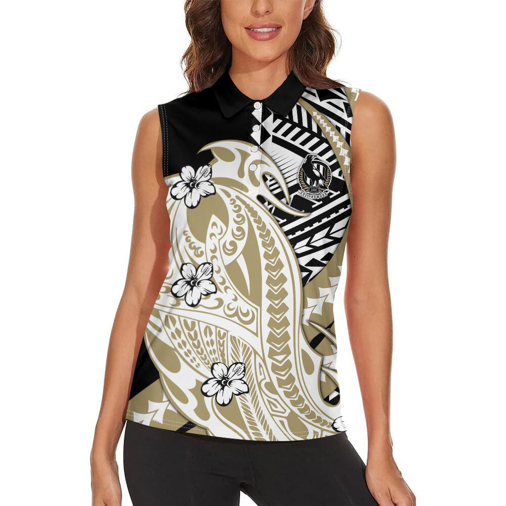 Personalized Collingwood Magpies Women Sleeveless Polo Shirt Polynesian Tribal Magpie Mascot With Hibiscus Floral Art