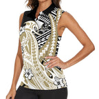 Personalized Collingwood Magpies Women Sleeveless Polo Shirt Polynesian Tribal Magpie Mascot With Hibiscus Floral Art