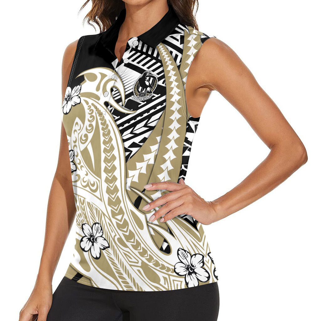 Personalized Collingwood Magpies Women Sleeveless Polo Shirt Polynesian Tribal Magpie Mascot With Hibiscus Floral Art