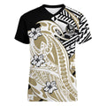 Personalized Collingwood Magpies Women V-Neck T-Shirt Polynesian Tribal Magpie Mascot With Hibiscus Floral Art