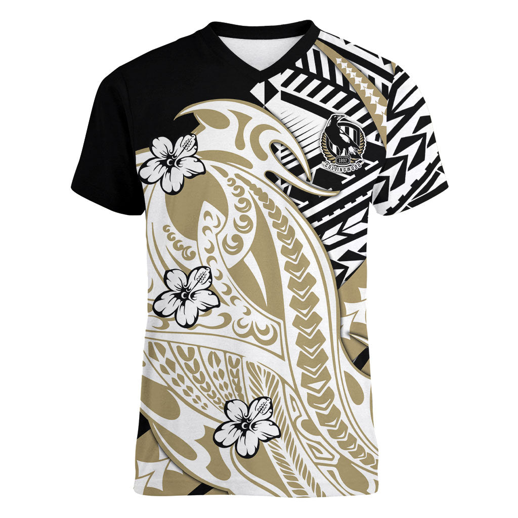 Personalized Collingwood Magpies Women V-Neck T-Shirt Polynesian Tribal Magpie Mascot With Hibiscus Floral Art