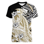 Personalized Collingwood Magpies Women V-Neck T-Shirt Polynesian Tribal Magpie Mascot With Hibiscus Floral Art