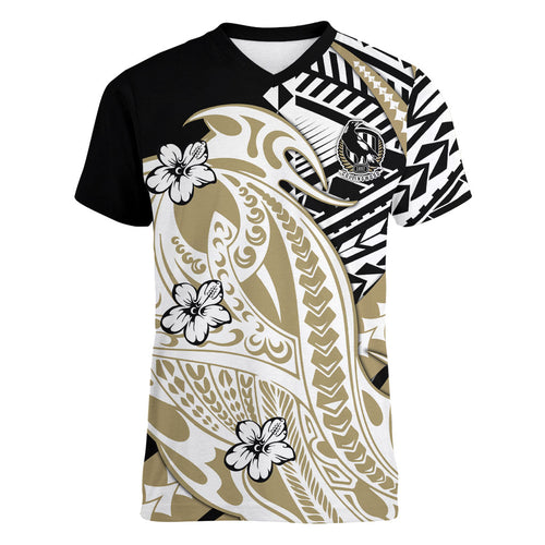 Personalized Collingwood Magpies Women V-Neck T-Shirt Polynesian Tribal Magpie Mascot With Hibiscus Floral Art