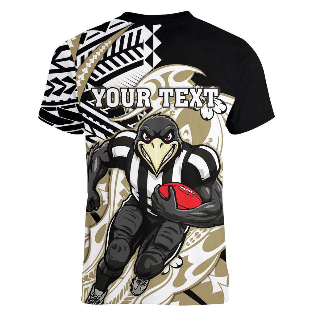 Personalized Collingwood Magpies Women V-Neck T-Shirt Polynesian Tribal Magpie Mascot With Hibiscus Floral Art