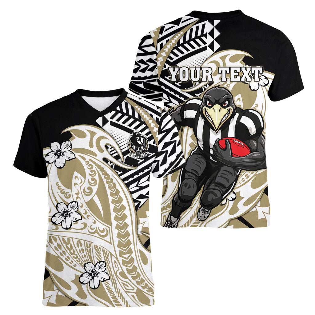 Personalized Collingwood Magpies Women V-Neck T-Shirt Polynesian Tribal Magpie Mascot With Hibiscus Floral Art