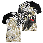 Personalized Collingwood Magpies Women V-Neck T-Shirt Polynesian Tribal Magpie Mascot With Hibiscus Floral Art