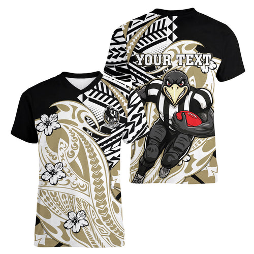 Personalized Collingwood Magpies Women V-Neck T-Shirt Polynesian Tribal Magpie Mascot With Hibiscus Floral Art