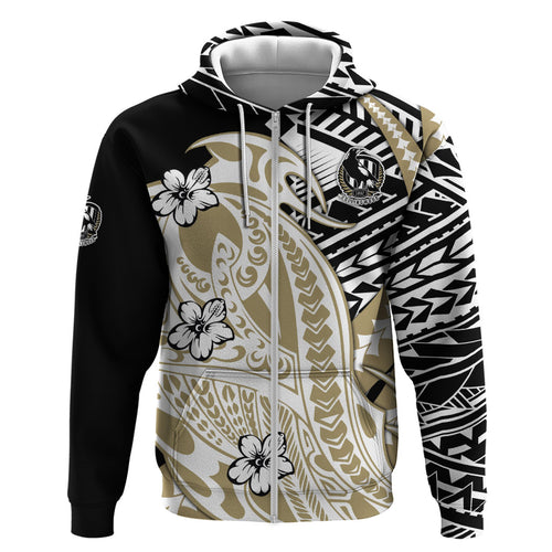 Personalized Collingwood Magpies Zip Hoodie Polynesian Tribal Magpie Mascot With Hibiscus Floral Art