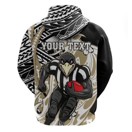 Personalized Collingwood Magpies Zip Hoodie Polynesian Tribal Magpie Mascot With Hibiscus Floral Art